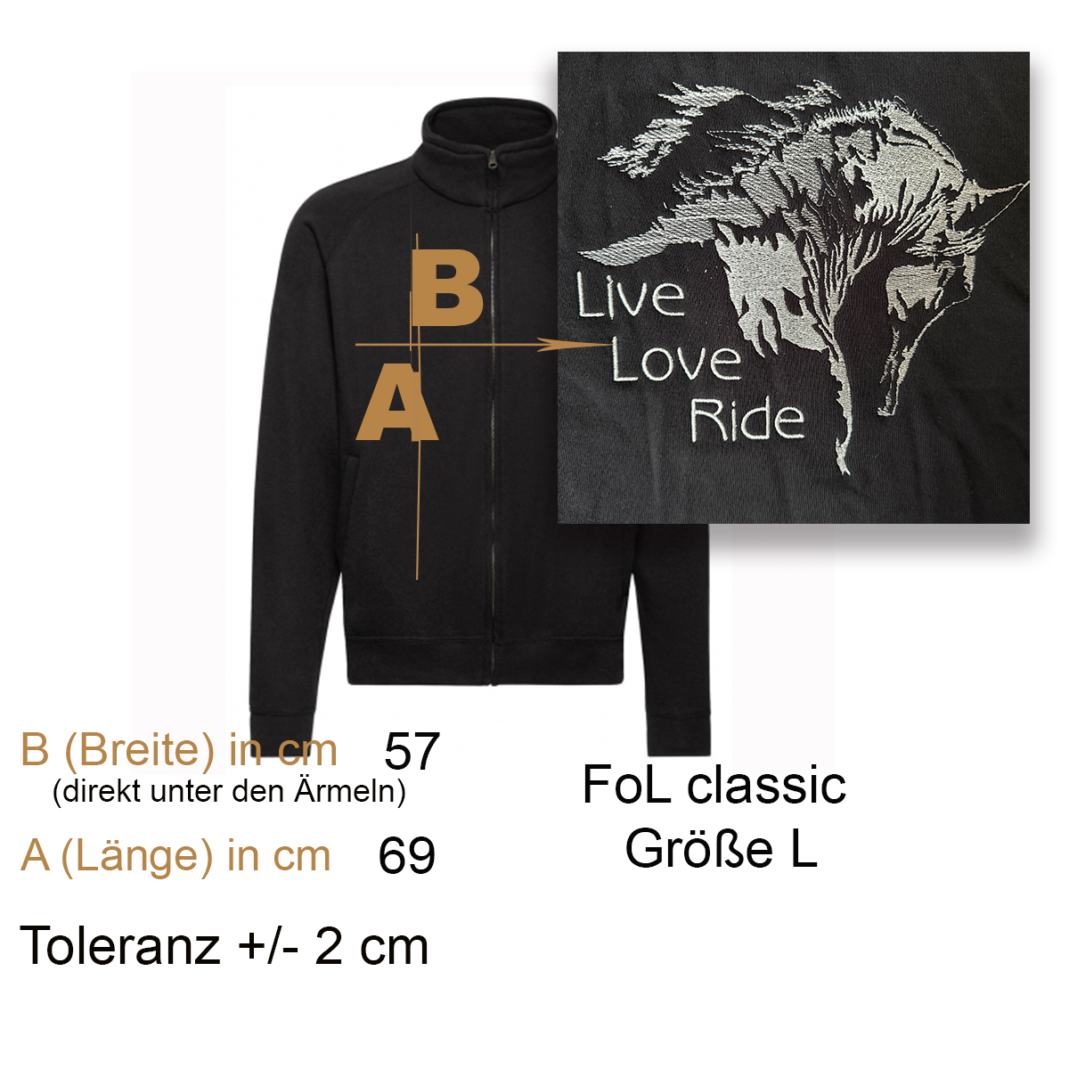 Schwarze Fleecejacke, Stehkragen, Reißverschluss, Pferde-Stickerei, Langarm